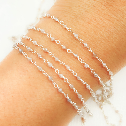 Coated Peach Moonstone 925 Sterling Silver Wire Chain - CQU40